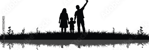 Happy family silhouette standing together outdoors, parents and child holding hands, father raising arm, love, unity, reflection, lifestyle concept