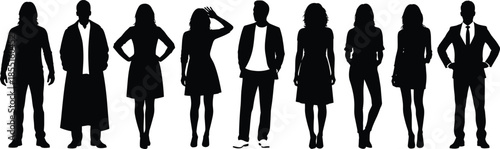Collection of black silhouettes of diverse men and women in casual and professional clothing isolated on white background for community.