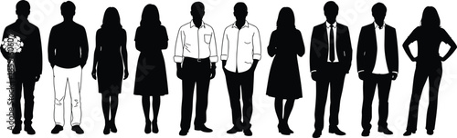 Collection of black silhouettes of diverse men and women in casual and professional clothing isolated on white background for community.