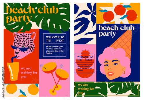 Abstract posters beach club party and music festivals. Vector modern backgrounds