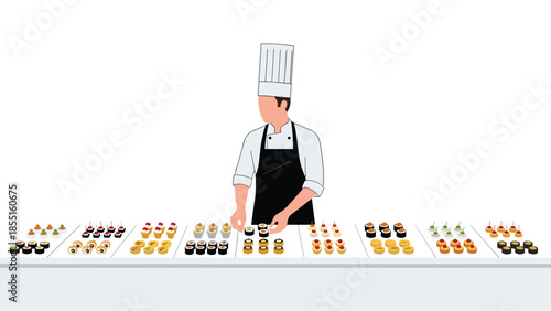 Professional chef preparing an elaborate buffet with various exquisite appetizers and sushi rolls, ready for catering or an event.