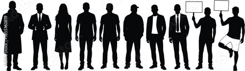 Collection of black silhouettes of diverse people and activists holding blank signs isolated on white background for community and protest.