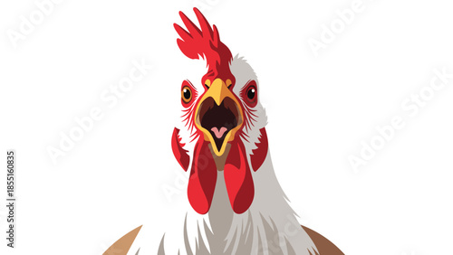 Close-up illustration of a rooster's head with its beak wide open, depicting a crowing or shouting expression.