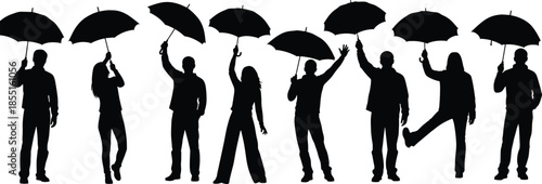 Collection of black silhouettes of diverse people holding umbrellas in various poses isolated on white background for rainy weather concepts.