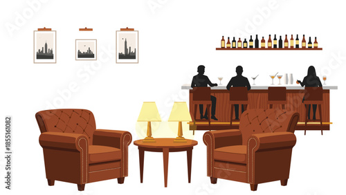 Cozy and inviting bar interior featuring comfortable armchairs, a coffee table, lamps, and silhouetted patrons enjoying drinks.