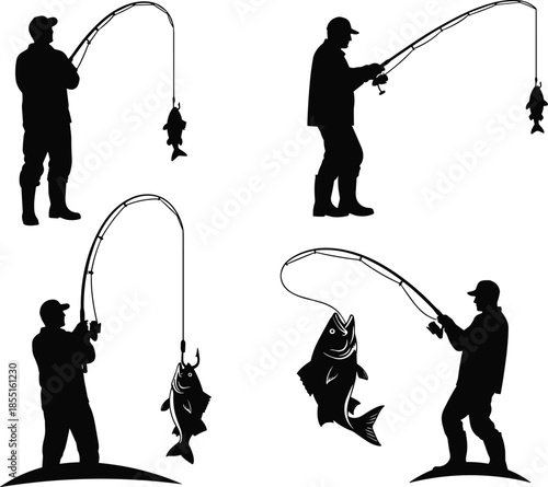Collection of black silhouettes of fishermen standing with rods and catching large fish isolated on white background for outdoor recreational.