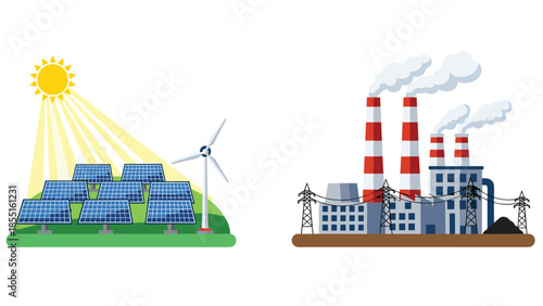 Visual comparison of sustainable green energy production with solar panels and a wind turbine versus polluting fossil fuel power plants.