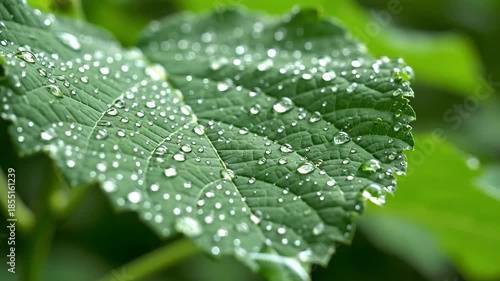 Closeup of vibrant green leaf adorned with numerous sparkling dewdrops after a refreshing rain shower.