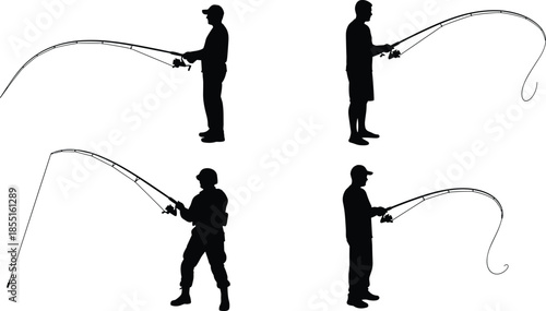 Collection of black silhouettes of fishermen standing with rods and catching fish isolated on white background for outdoor recreational sport.