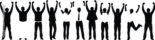 Collection of black silhouettes of happy people and business workers celebrating success with arms raised isolated on white background together.