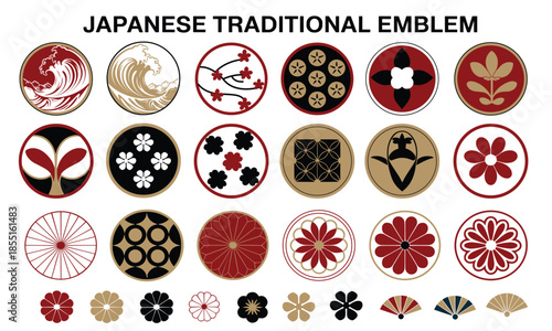 Elegant collection of Japanese traditional Kamon emblems and family crests featuring waves, chrysanthemums, and cherry blossoms.