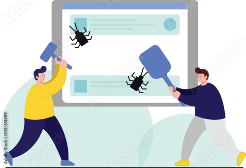 Two men analyzing bugs on tablet