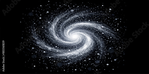 A digital art illustration of an abstract blue spiral galaxy with a glowing swirl pattern and light energy curves against a black space universe wallpaper backdrop