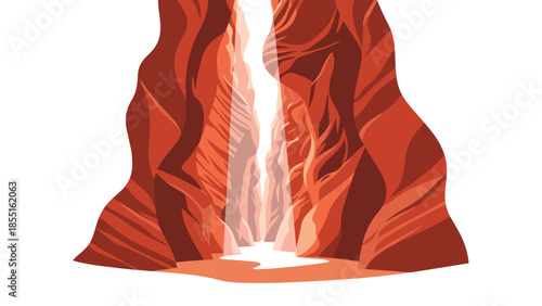 Dramatic view inside a narrow slot canyon, with light streaming down and illuminating the winding path below.