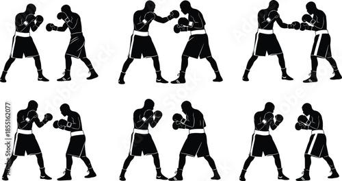 Collection of black silhouettes of professional boxers sparring and fighting in various boxing poses isolated on white background for sports.