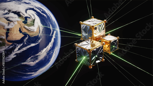 Earth orbit satellite network with laser communication beams, futuristic space technology illustration on dark cosmos background
