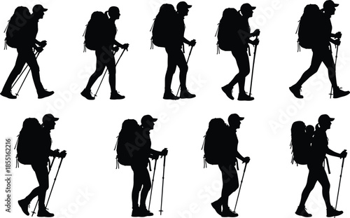 Collection of black silhouettes of men and women hikers with backpacks and trekking poles walking isolated on white background for.
