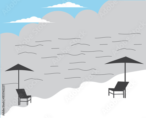 Grey-Scale Coastal Illustration of a Secluded Beach with Sun Loungers.