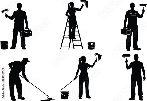 Collection of black silhouettes of professional house painters using rollers and ladders isolated on white background for home renovation projects.