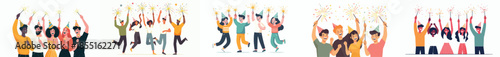 vector of friends playing with small fireworks (sparkle) celebrating new year
