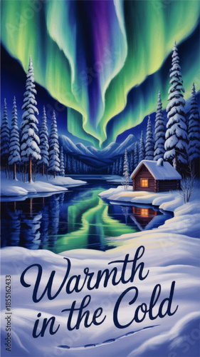 Cozy winter cabin by frozen lake under vibrant northern lights aurora borealis, snowy pine forest mountains night illustration