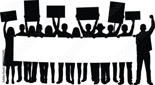 Collection of black silhouettes of protesters holding a blank banner and signs isolated on white background for public social activism.