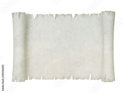 Blank, aged scroll with torn edges, unrolled and ready for text. The scroll is isolated against a white background