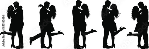 Collection of black silhouettes of romantic couples hugging and kissing in various poses isolated on white background for valentine day