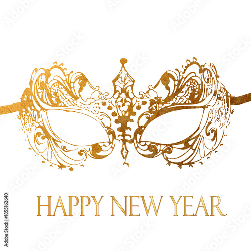 The image features a gold-colored, ornate masquerade mask. Below the mask, the words 
