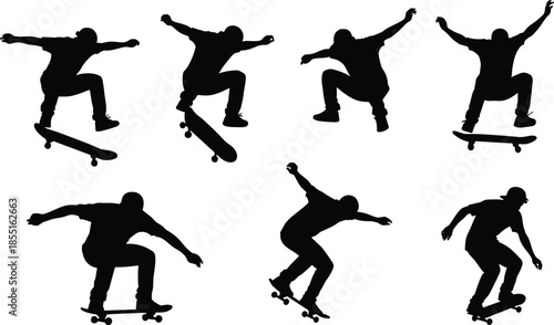 Collection of black silhouettes of skateboarders performing jumps and tricks with skateboards isolated on white background for urban street sports.