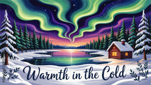 Cozy winter log cabin by frozen lake with northern lights aurora over pine forest at colorful sunset, warm hygge holiday illustration