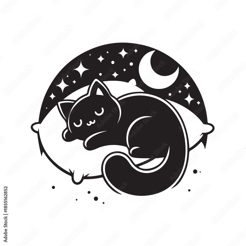 Obraz premium PrintSleeping cat logo with moon and stars vector illustration