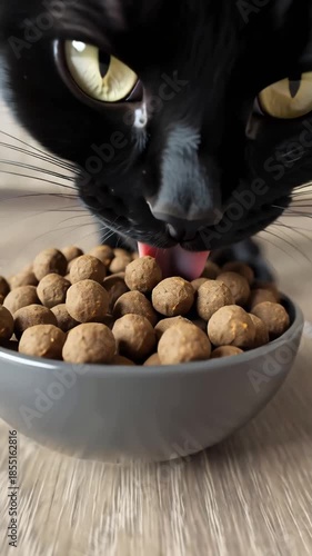 A beautiful cat eats food from a bowl on the kitchen floor
