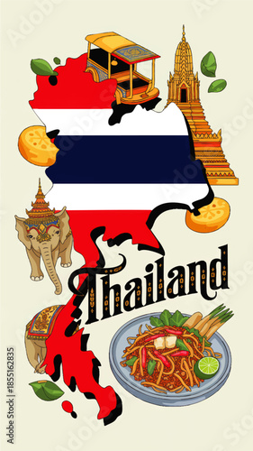 Colorful Thailand travel illustration with flag map, tuk tuk, temple, elephant and traditional Thai street food on pastel background