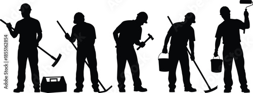Black silhouettes of construction workers and builders using tools and paint rollers isolated on white background for industrial and renovation.