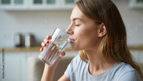 Serene young woman with closed eyes drinks water from glass at home