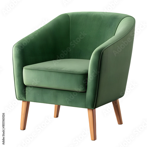 Green velvet fabric armchair with wooden legs and curved backrest isolated on a transparent background