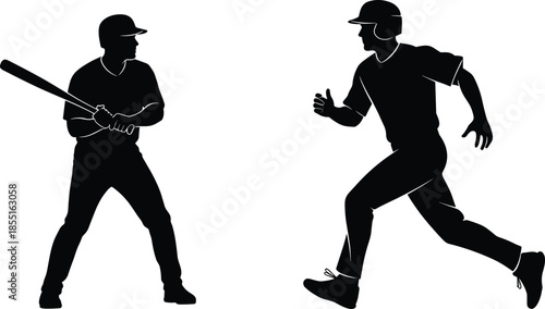 Black silhouettes of professional baseball players with bat and runner in action isolated on white background for competitive team sports.