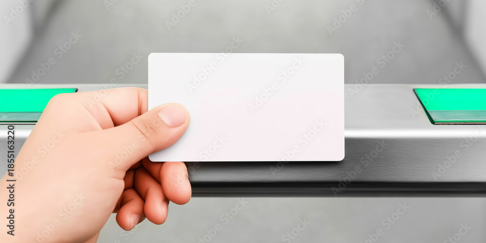 Obraz premium Hand holding blank access card tapping on electronic terminal, presenting smart card for digital identification