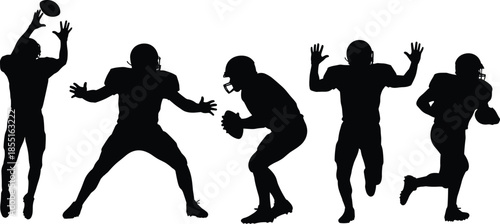 Collection of black silhouettes of American football players catching running and playing with ball isolated on white background for sports.
