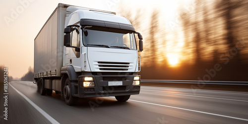 White cargo truck driving on highway at golden hour, carrying freight, logistics and transport concept