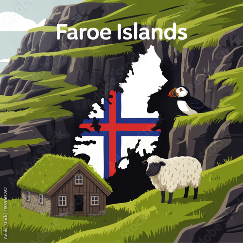 Faroe Islands illustration with cliffs, turf house, sheep, puffin and national flag silhouette, Nordic travel destination landscape art