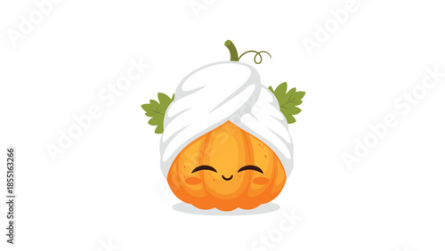 Adorable cartoon pumpkin wearing a white towel on its head, with a happy, relaxed facial expression, representing a spa day.