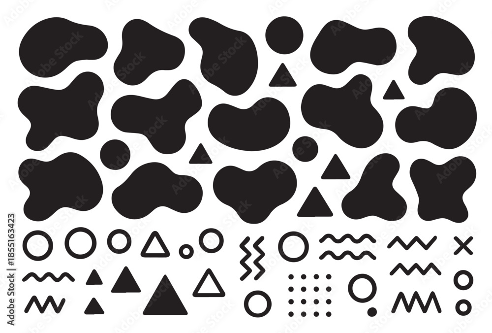 Fototapeta premium Black and white abstract liquid shapes collection, organic fluid blobs silhouette set with geometric outline elements for icons and minimal design