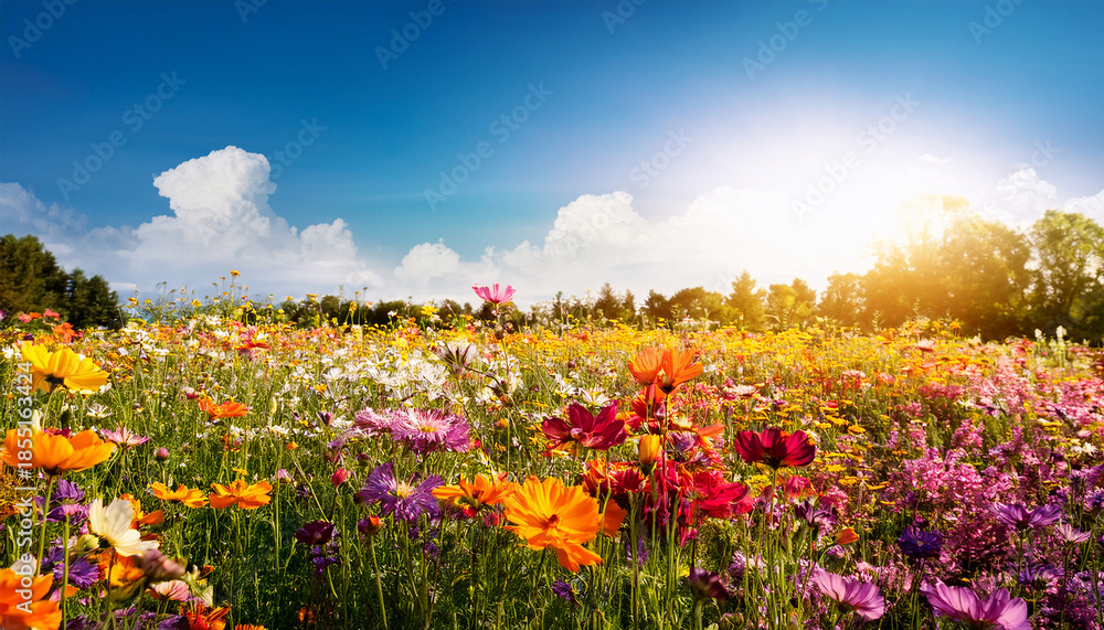 Obraz premium Vibrant Colorful Flower Meadow Under Sunny Sky