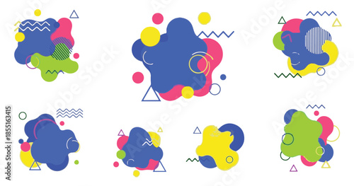 Set of abstract liquid organic shapes with geometric memphis elements, colorful fluid blobs and wavy lines for creative graphic design and social media assets