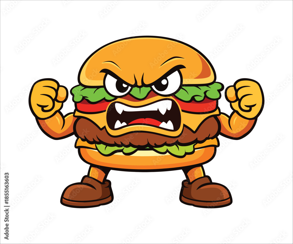 Obraz premium An angry cartoon hamburger character flexing its muscles showing a fierce expression