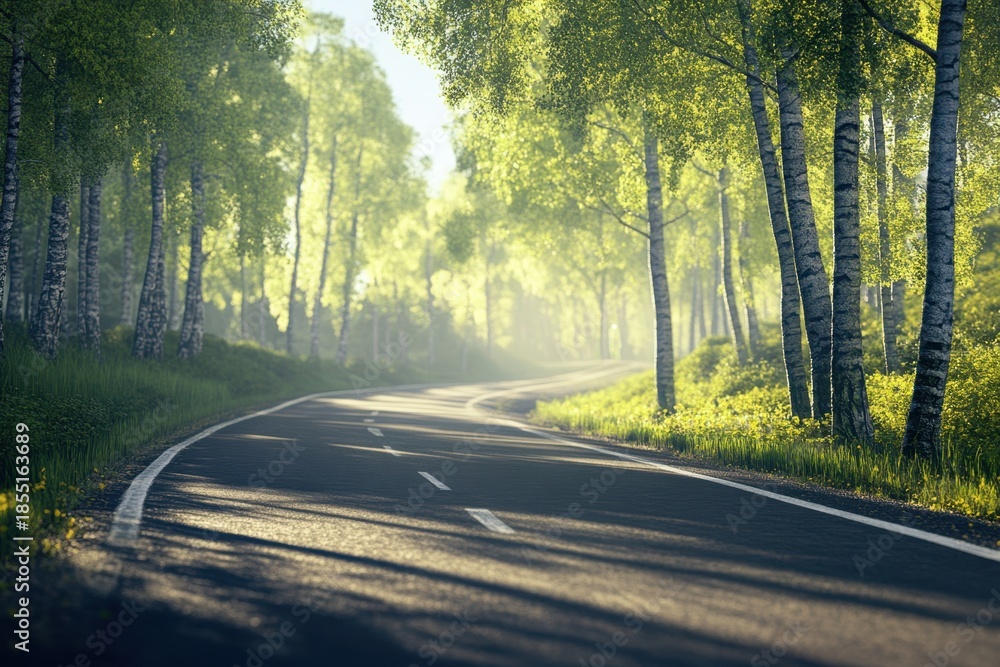 Fototapeta premium Serene winding road through lush green birch forest during early morning sunlight