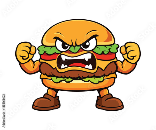 An angry cartoon hamburger character flexing its muscles showing a fierce expression