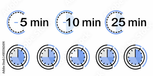 Visual representation of time intervals five ten and twenty five minutes with clocks